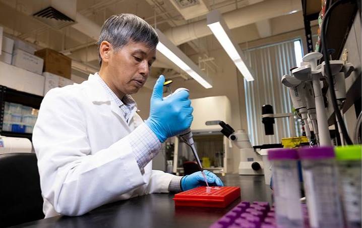 A man in a lab coat carefully examines a test tube in a laboratory setting.