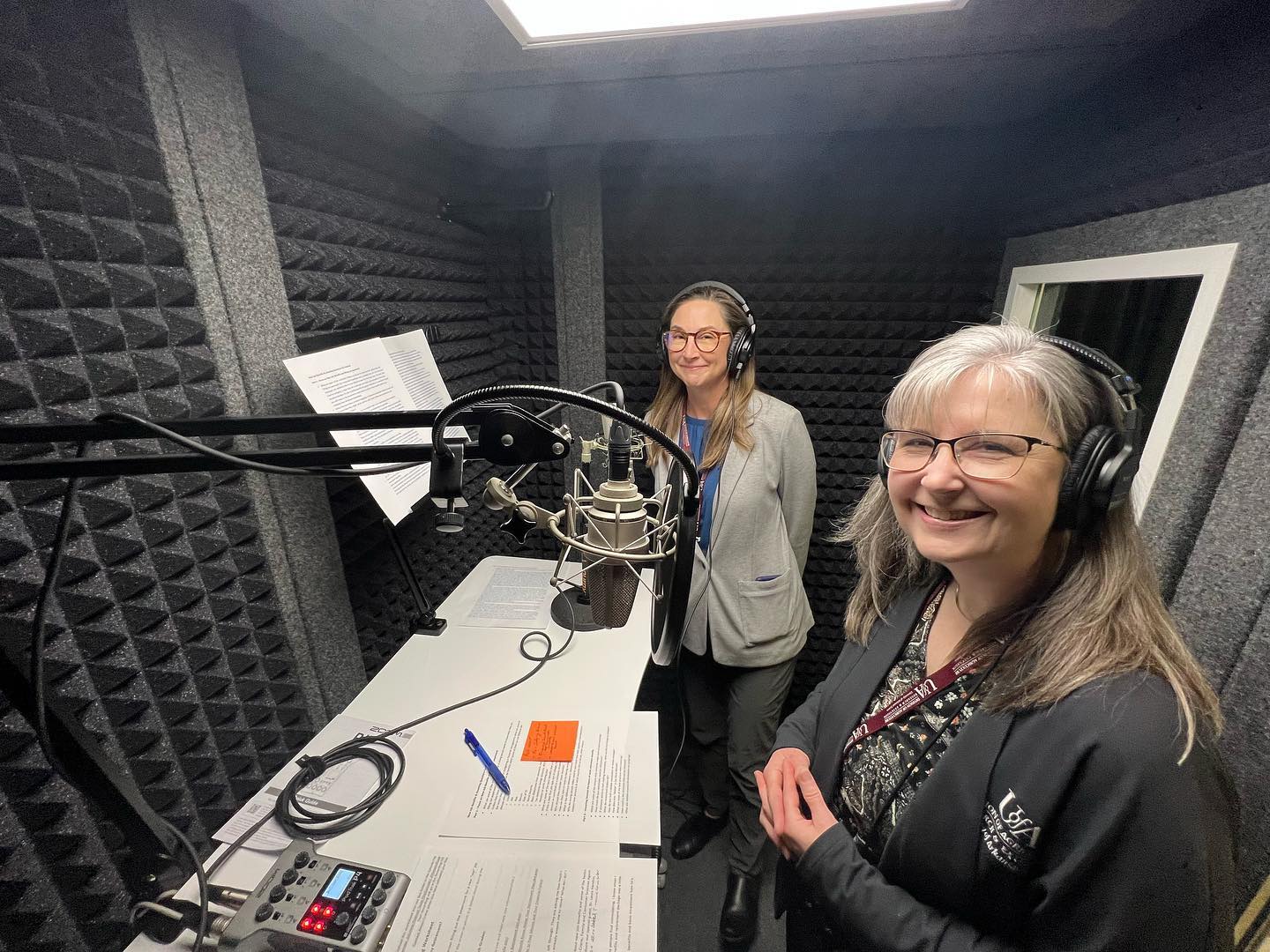 Dr. Laura Hendrix and FCS agent Alison Crane recording an episode of Grown Up U in the UADA recording studio