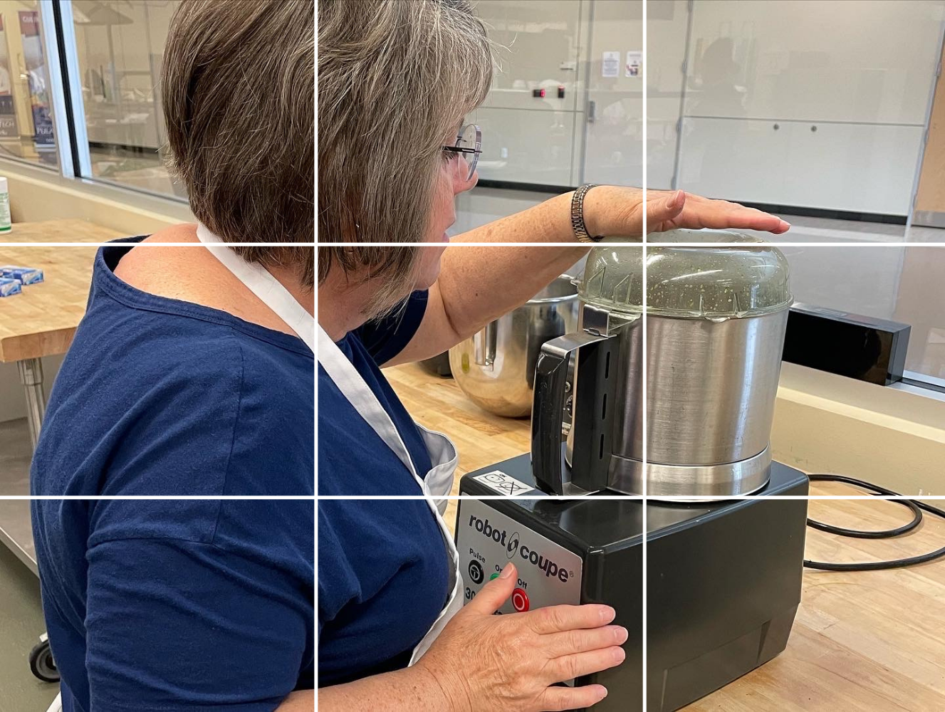 Photo of Jean Ince uses a food processor with a three by three grid overlay