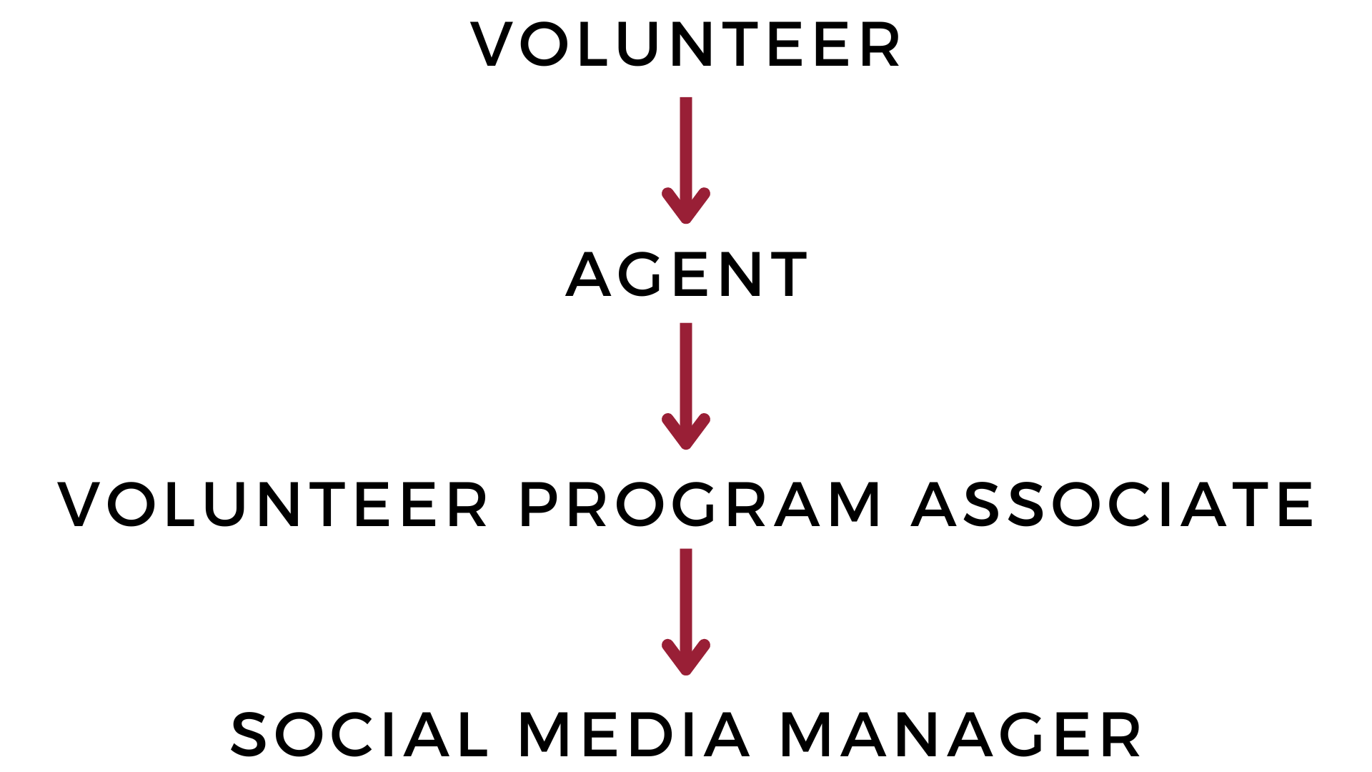 Volunteers reach out to agents, agents to program associates, and program associates to social media manager