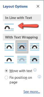 A red arrow points to the "In Line with Text" option in the layout pop-up window. 