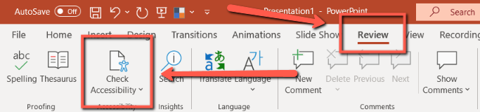 A red arrow points to the Check Accessibility tool in PowerPoint