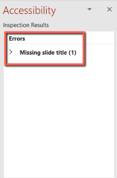 A red box surrounds "Missing Slide Title" in the Accessibility pane in PowerPoint