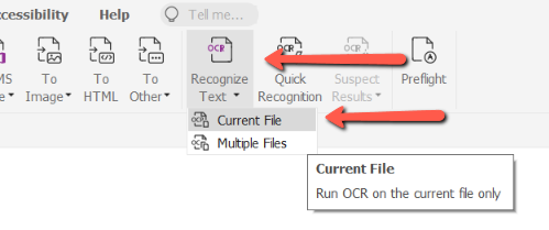Two red arrows point to the "OCR Recognize Text" icon and the "Current File" dropdown in the Foxit toolbar. 