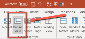 A red arrow points to the "Outline View" in the View panel of PowerPoint