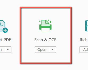 A red box around the "Scan and OCR" tool in Adobe Acrobat Pro. 