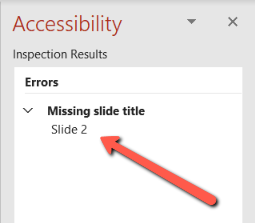 A red arrow points to the Slide 2 in the Accessibility pane in PowerPoint
