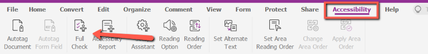 Screenshot of the Foxit toolbar with one red arrow pointing toward the "Accessibility" tab and a second red arrow pointing toward the "Full Check" tool. 