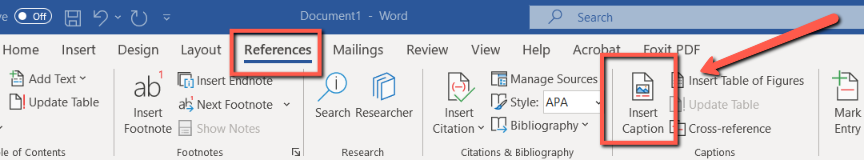 Screenshot of a Microsoft Word document. A red box surrounds the "Reference" tab and a red arrow surrounds the "Insert Caption" tool. 
