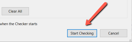 A red arrow points toward the "Start Checking" button in the Accessibility Checker. 