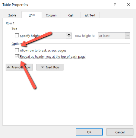 A screenshot of the Table Properties tool in Microsoft Word. A red arrow points to two checkboxes in the window. 