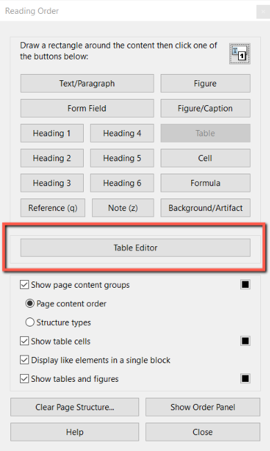 A red box surrounds the "Table Editor" button in the Reading Order window in Adobe Acrobat. 