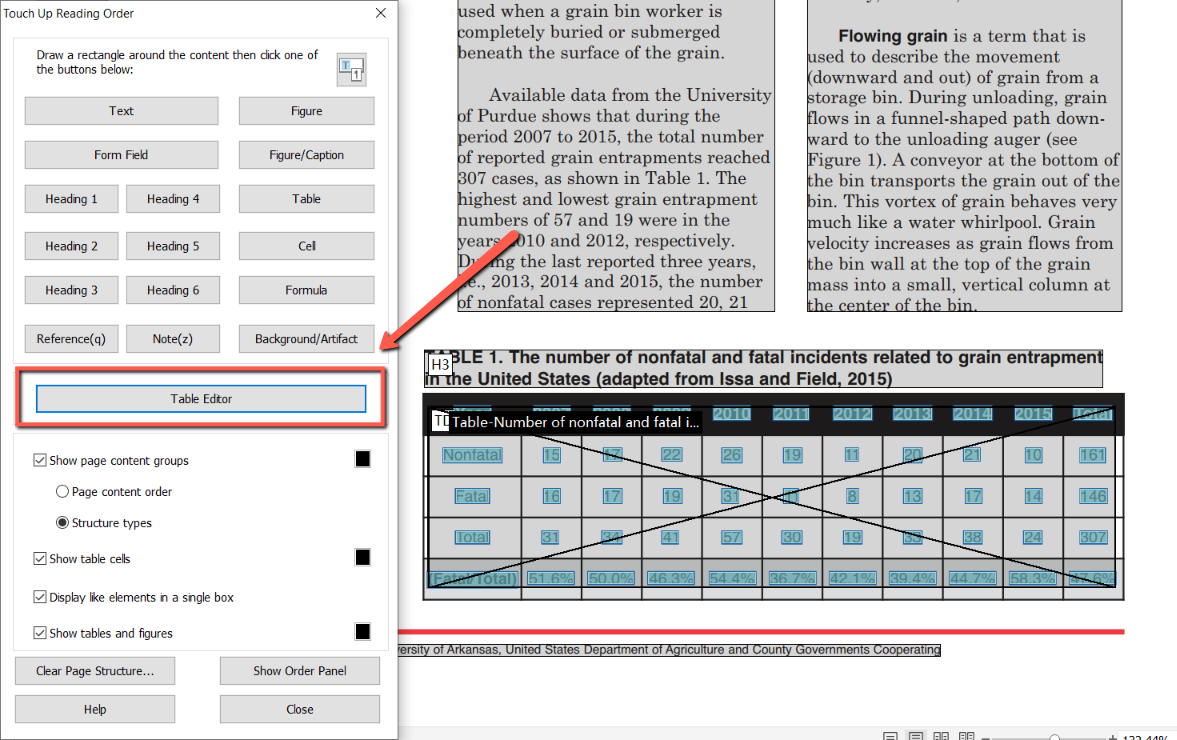 Screenshot of the "Touch Up Reading Order" pane in Foxit. A red arrow points toward the "Table Editor" button. 